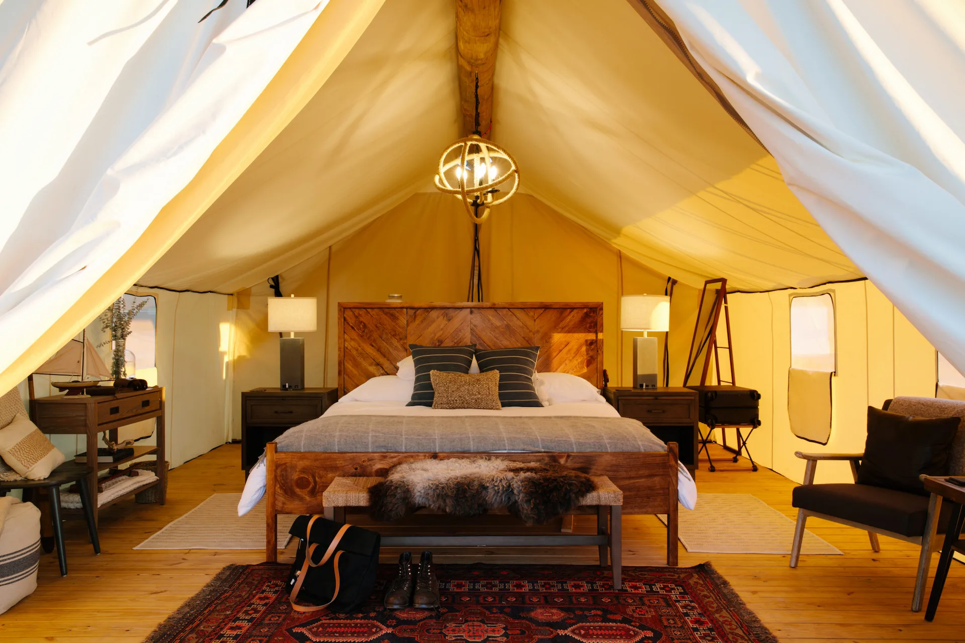 Outlook Tent Interior with a king-size bed