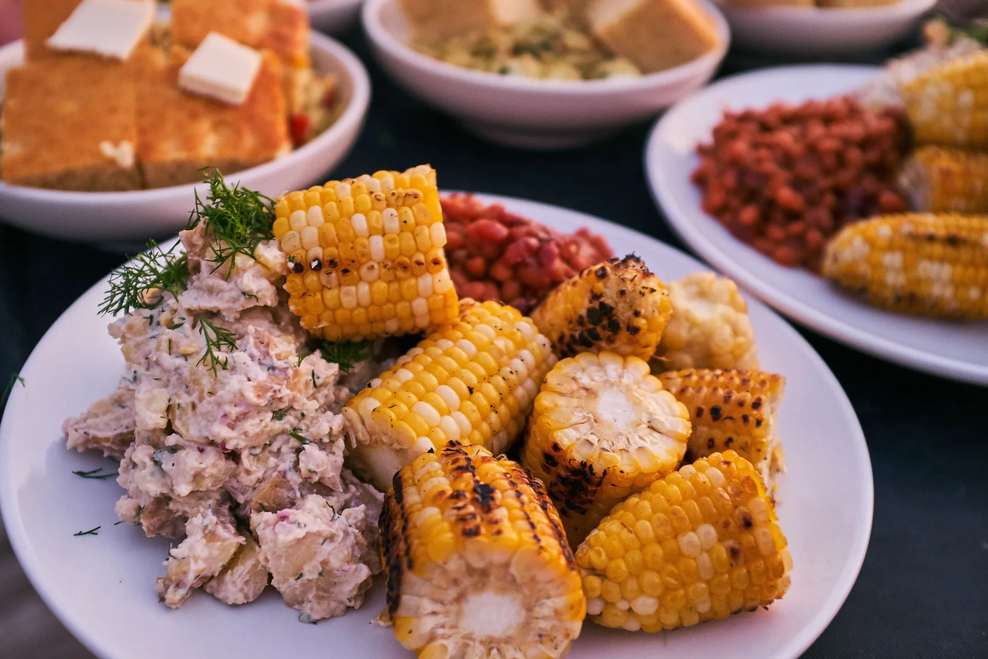 Grilled Corn with Salad | Snack food kept on table